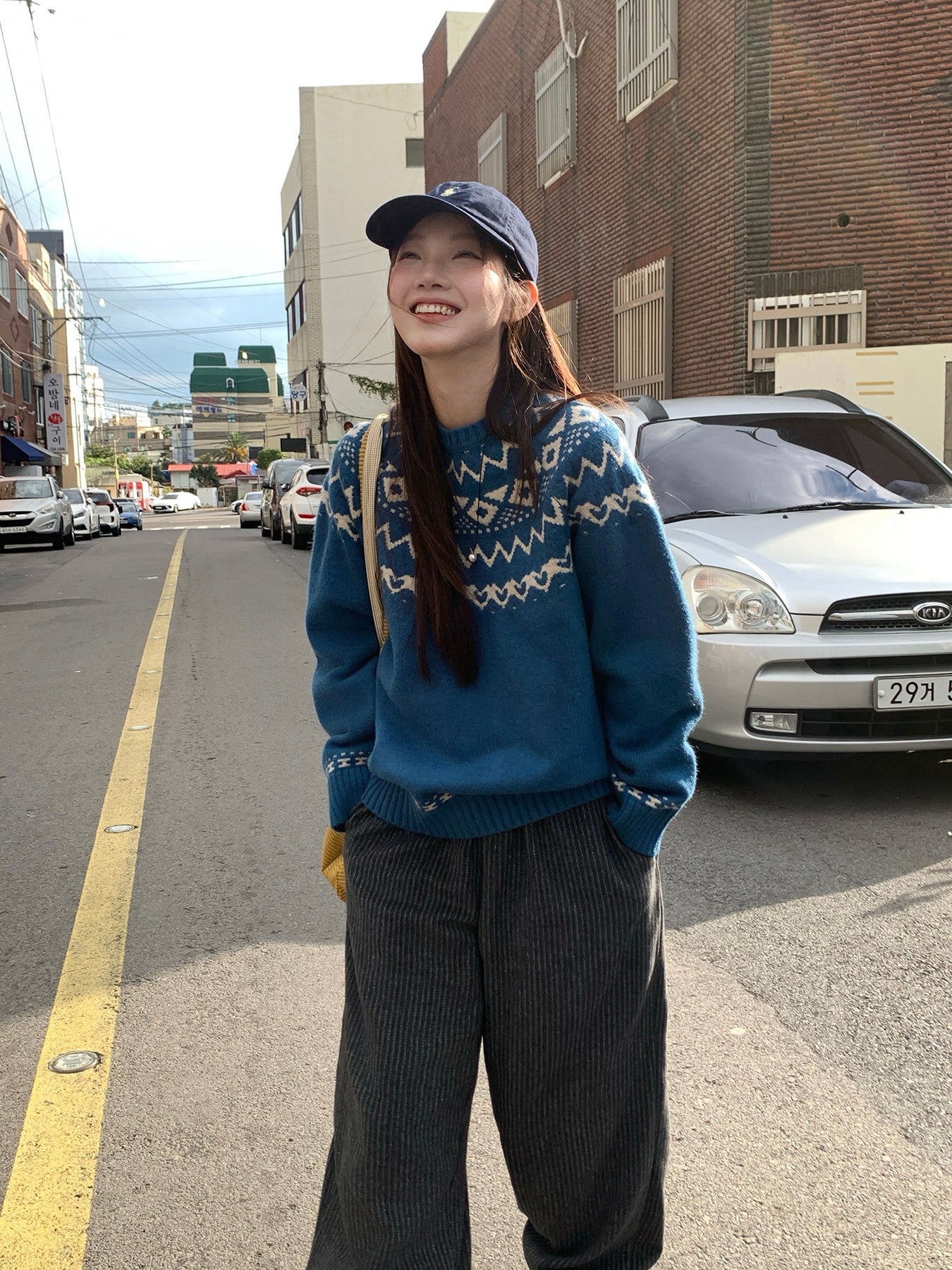 RAINY刺繍縦縞のゆったりカジュアルパンツ