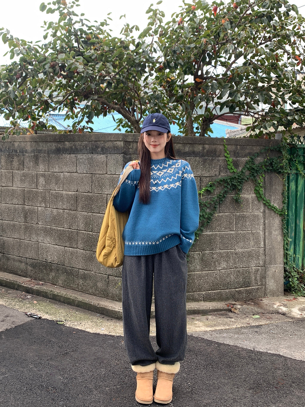 RAINY刺繍縦縞のゆったりカジュアルパンツ