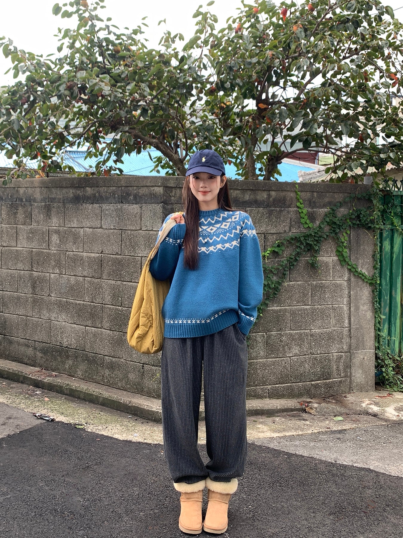 RAINY刺繍縦縞のゆったりカジュアルパンツ