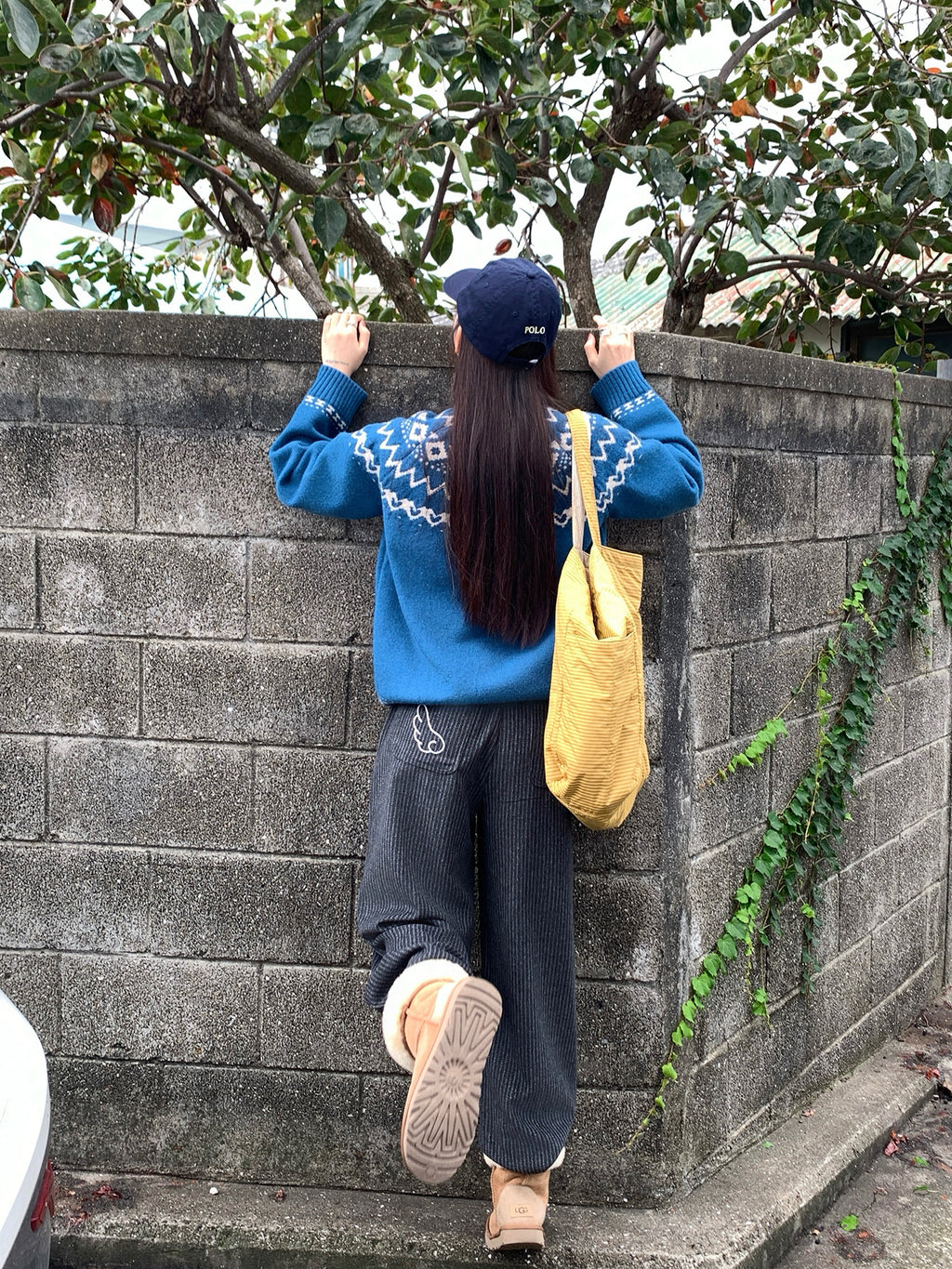 RAINY刺繍縦縞のゆったりカジュアルパンツ