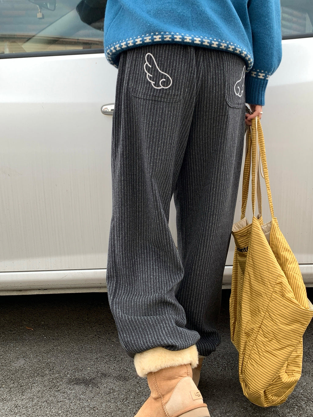 RAINY刺繍縦縞のゆったりカジュアルパンツ