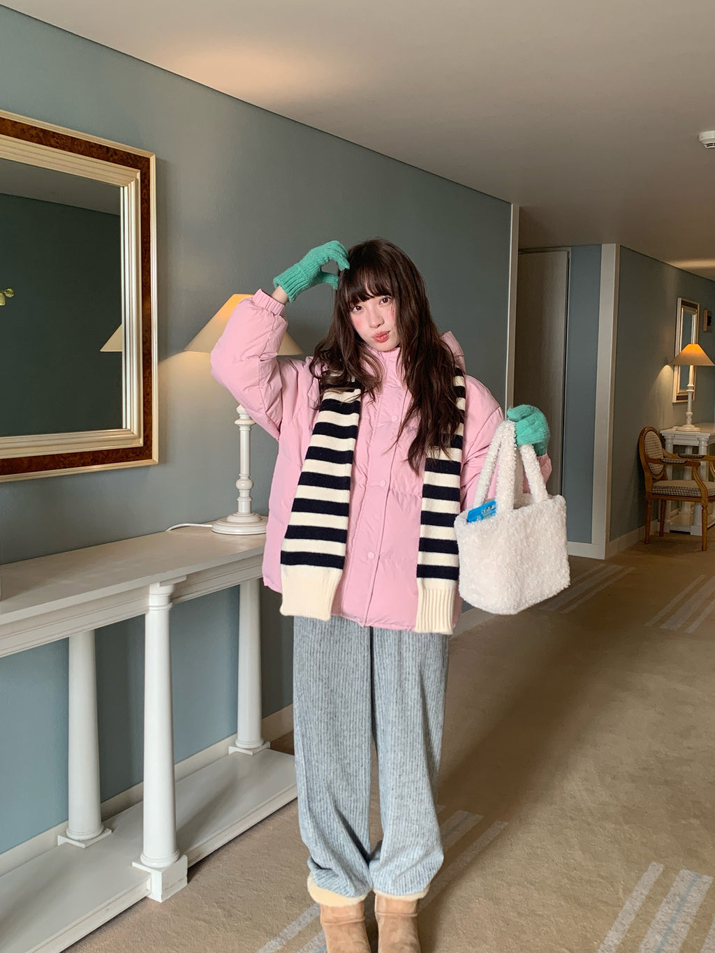 RAINY刺繍縦縞のゆったりカジュアルパンツ