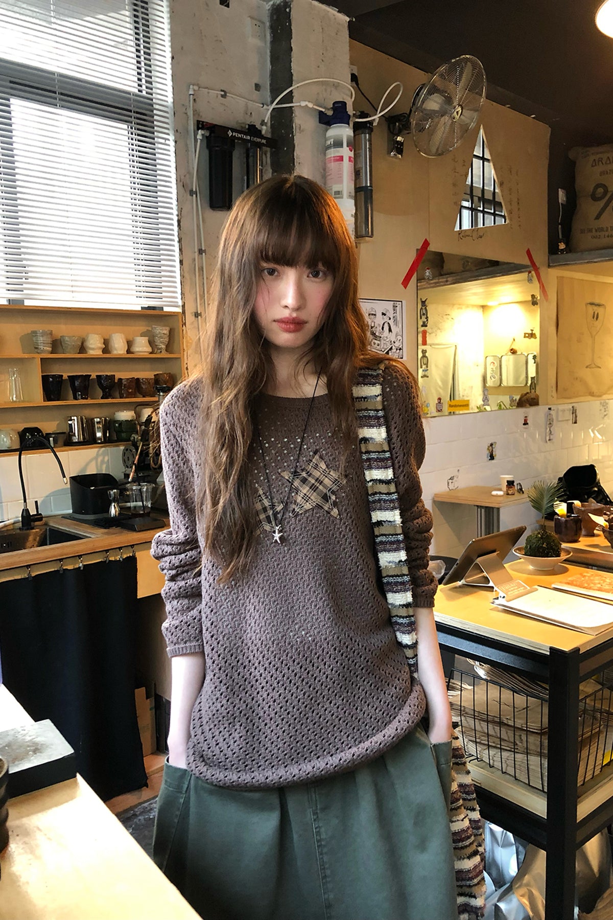 RAINY ニットクルーネック星透かし編み通気トップス26SA23670J