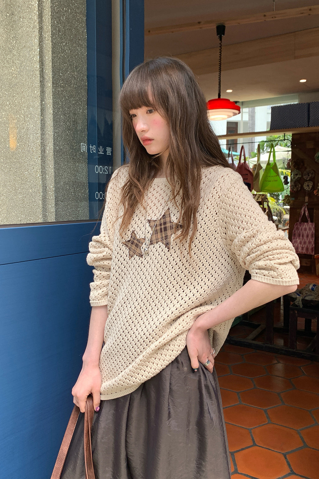 RAINY ニットクルーネック星透かし編み通気トップス26SA23670J