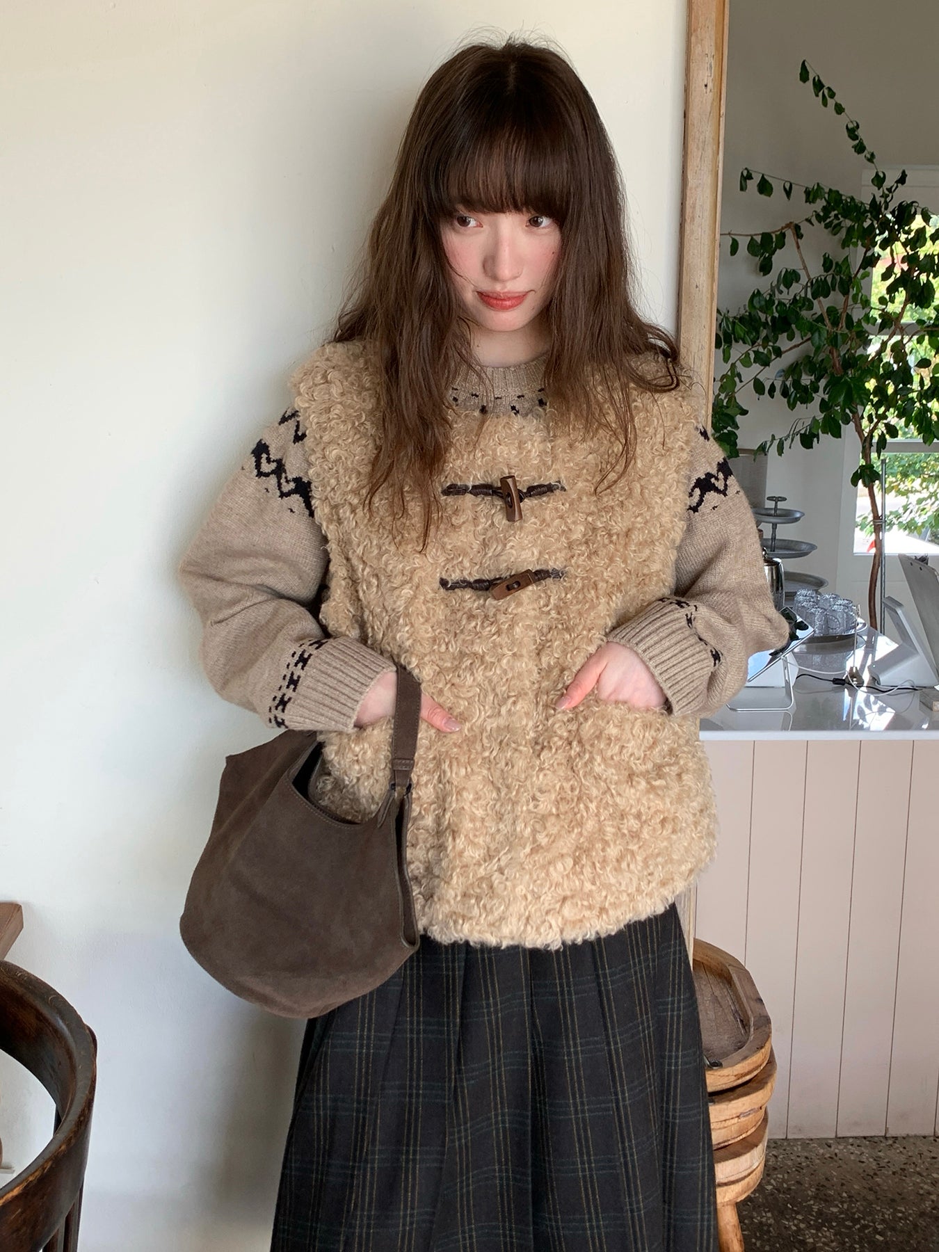 RAINY牛角ボタンベストゆったり重ね着ショート丈コート