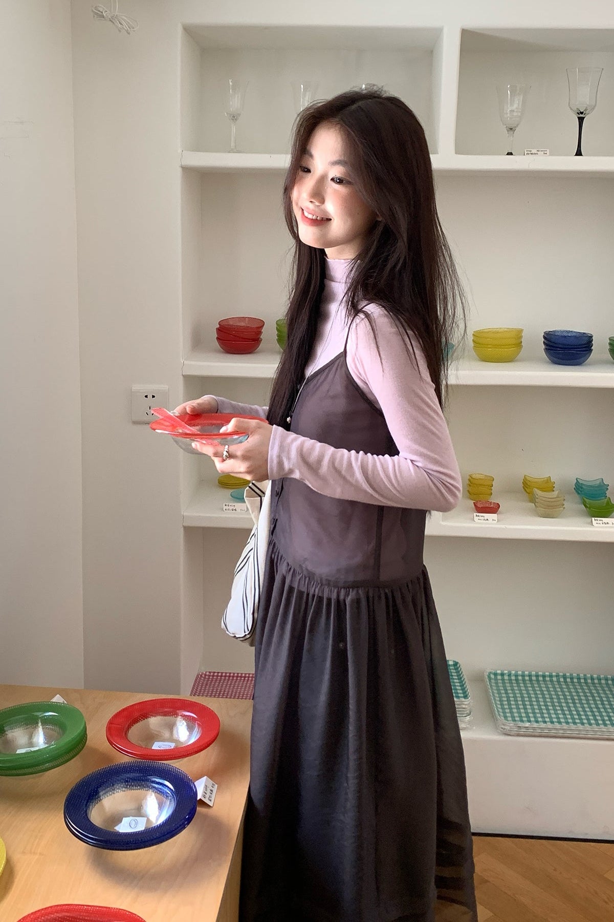 RAINY 韓国風無地重ね着薄手のシフォンキャミソールドレス26SC23672J