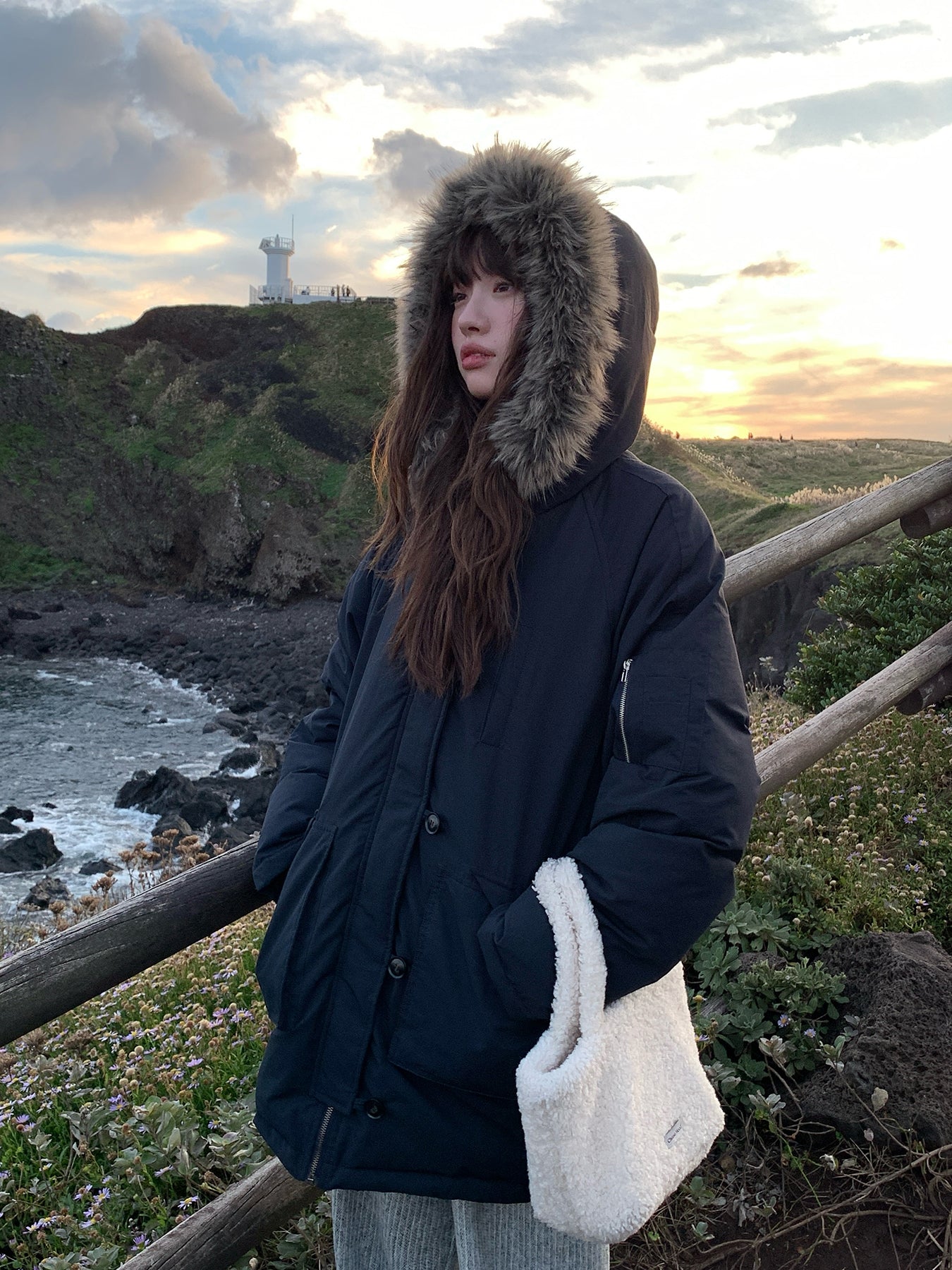 RAINY連帽工装ダウンジャケット90白アヒルの綿毛