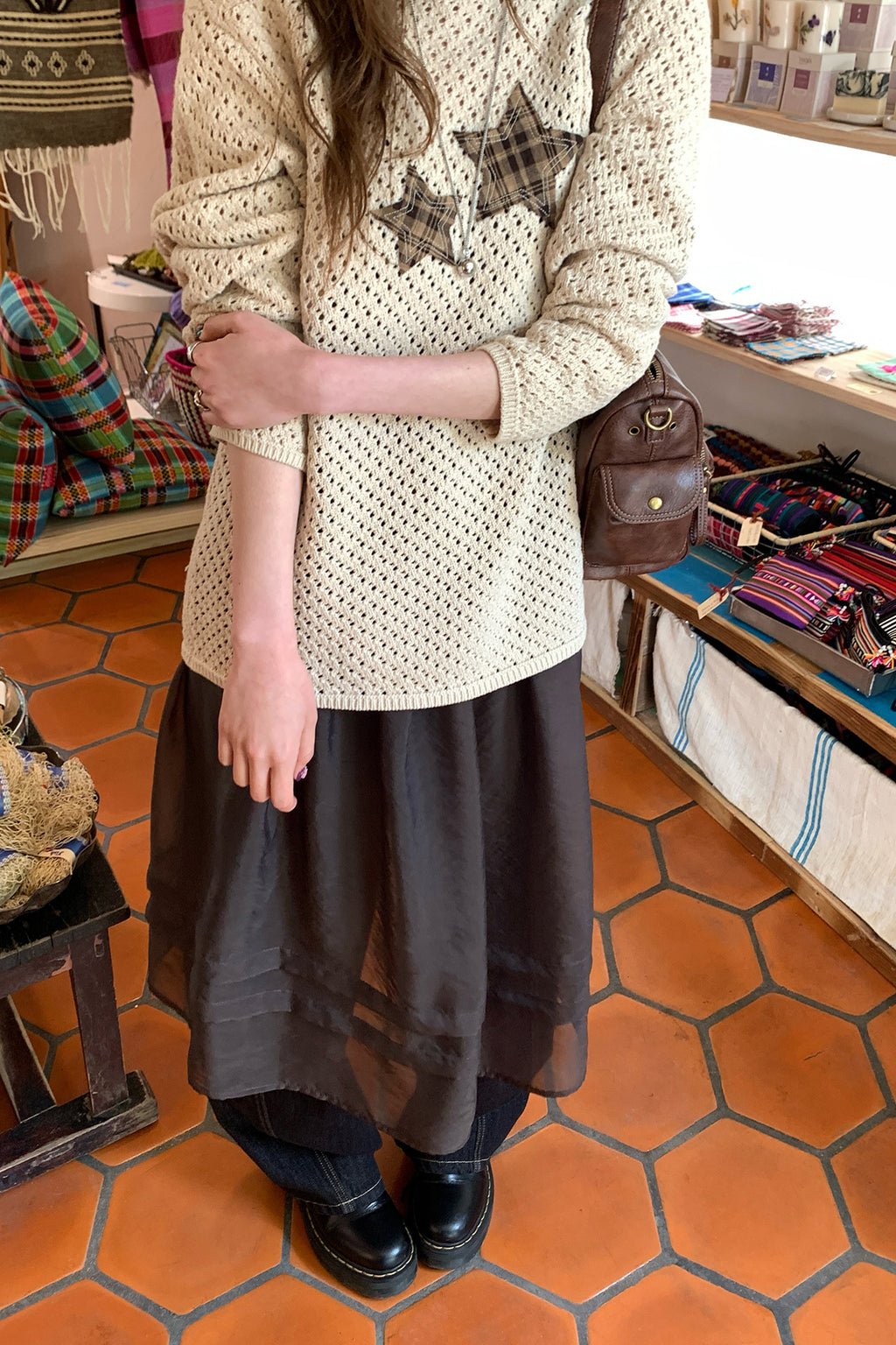 RAINY ニットクルーネック星透かし編み通気トップス26SA23670J