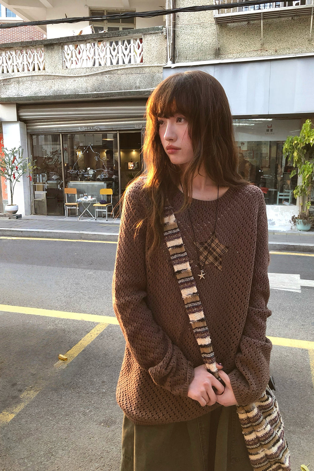 RAINY ニットクルーネック星透かし編み通気トップス26SA23670J