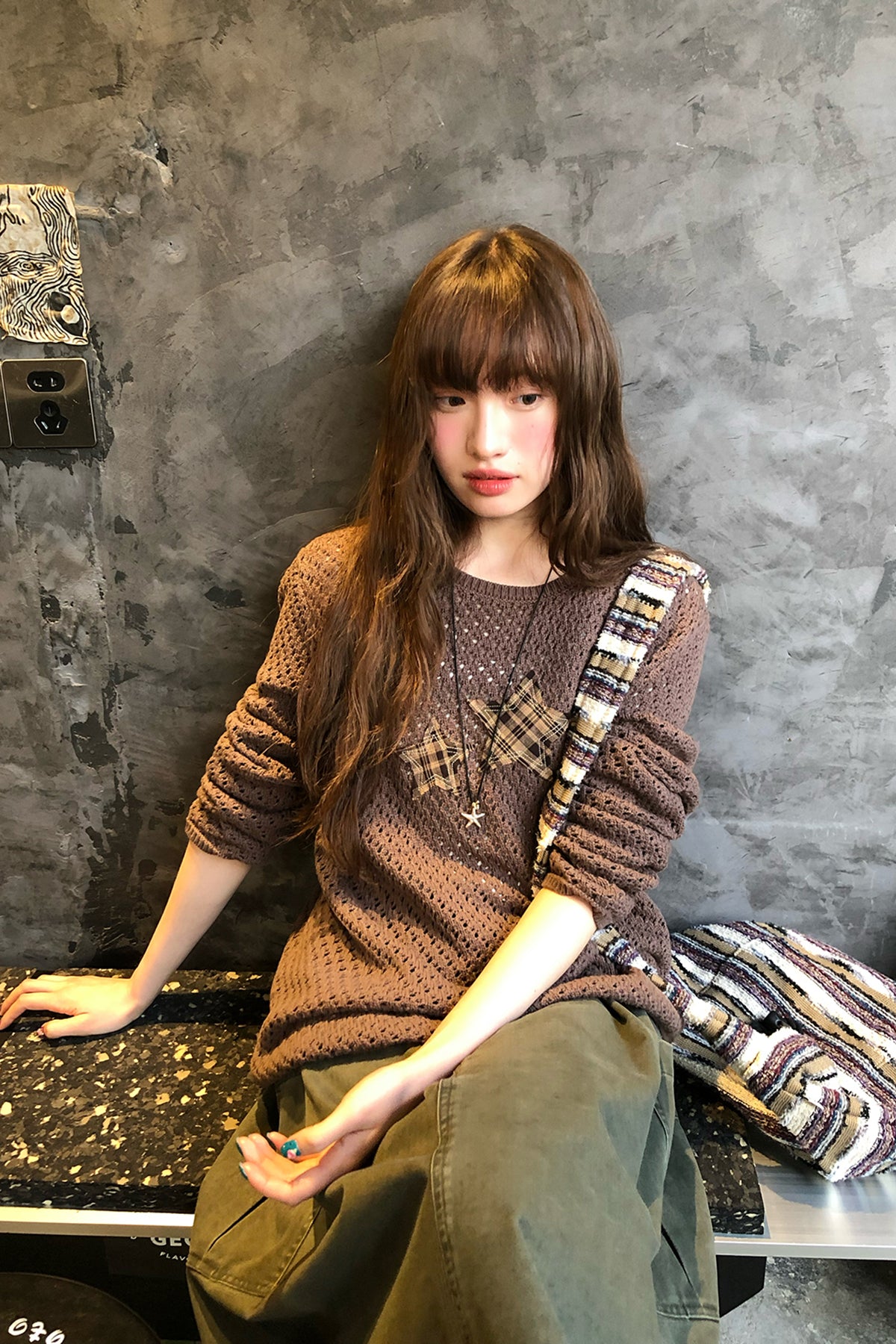 RAINY ニットクルーネック星透かし編み通気トップス26SA23670J