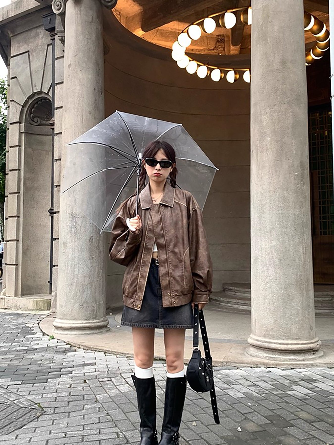 RAINY酷飒美拉德复古擦色做旧棕色皮衣女春秋机车美式夹克短外套