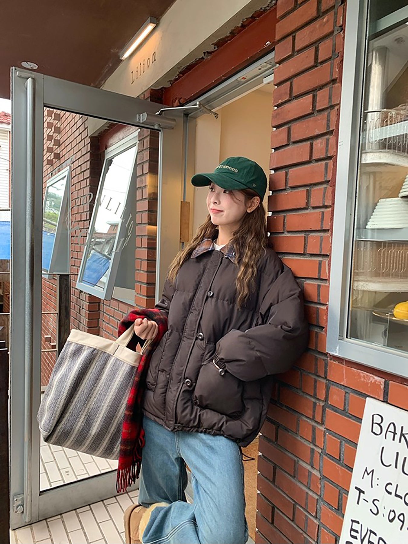 RAINY 短款设计感拼接格纹翻领棉服冬季女韩系宽松棉衣保暖外套