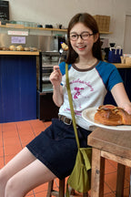RAINYプリントクラッシュカラーパッチワークラグランスリーブTシャツ26SA23765Y