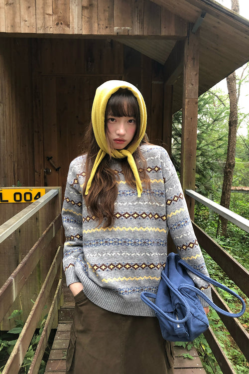RAINY レトロ北欧風フェアアイル柄クルーネックニット 柄ニットセーター 26WG13974F