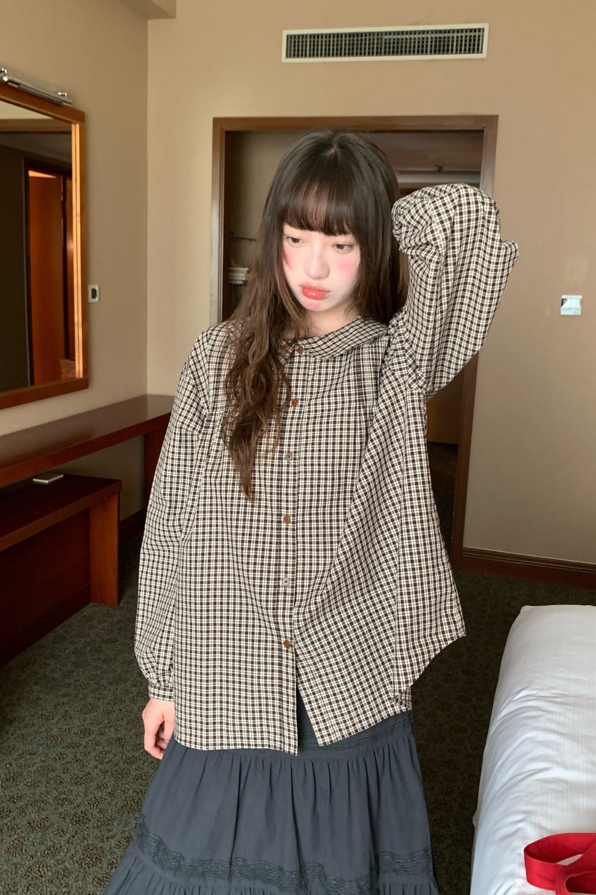RAINY文芸古着感チェック柄ドールネックシャツ 26FA43931Q