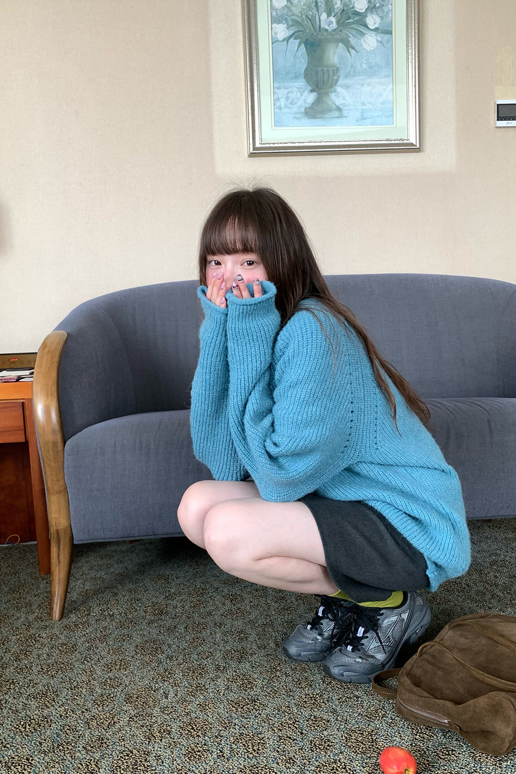 RAINY ゆったりリラックス透かし編みラグランスリーブニット ルーズフィットニットトップス 26WG13966Q