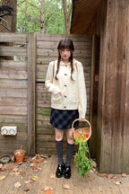 RAINY ゆったりルーズフィット牛角ボタンニットカーディガン ドールカラー透かし編みセーター 26WG23995X