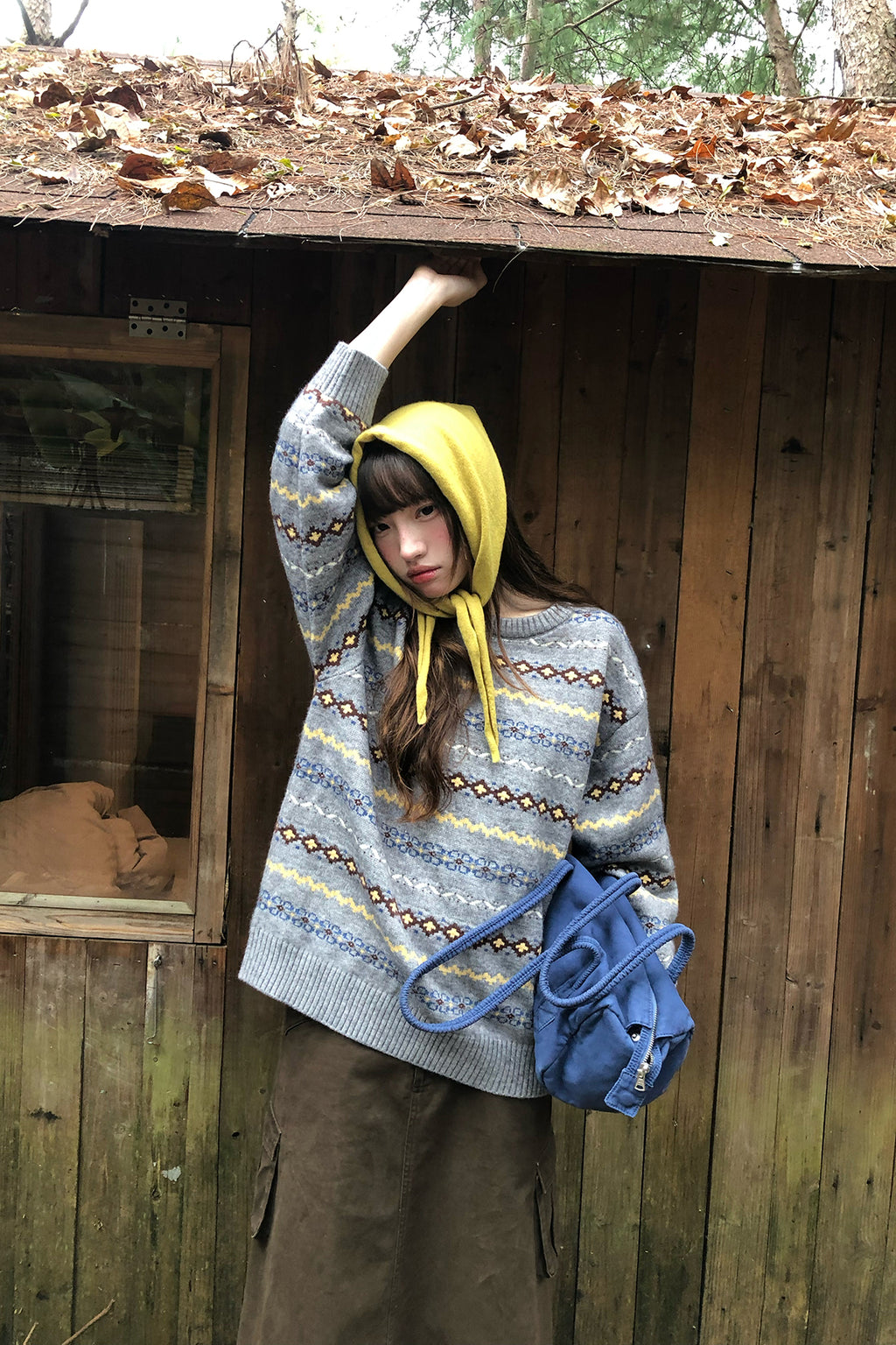RAINY レトロ北欧風フェアアイル柄クルーネックニット 柄ニットセーター 26WG13974F