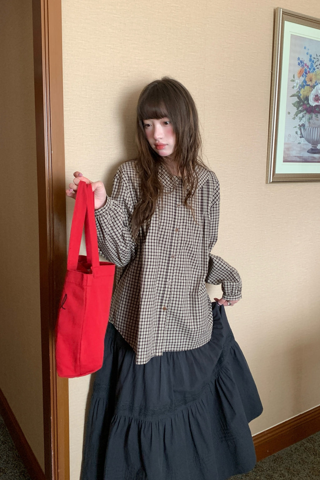 RAINY文芸古着感チェック柄ドールネックシャツ 26FA43931Q