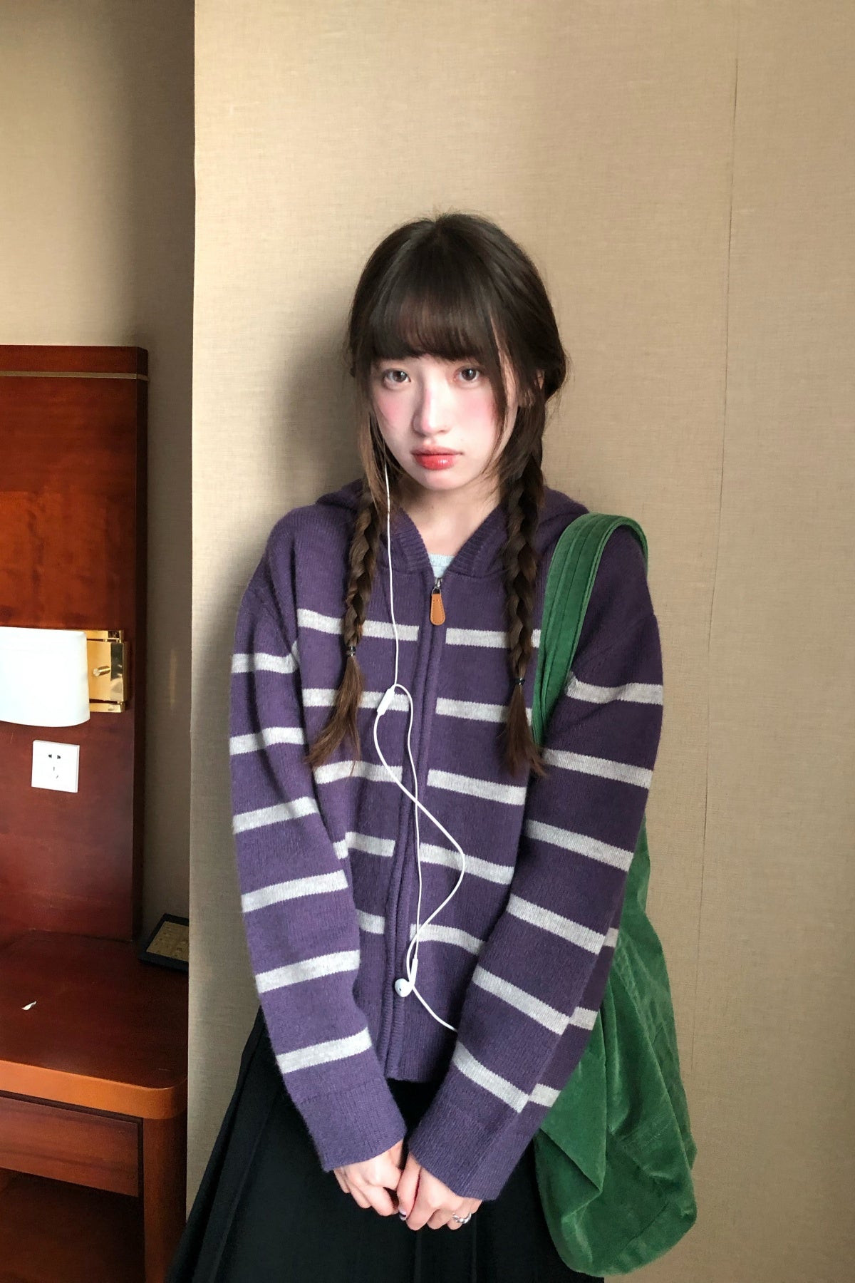 RAINY韓系アンティークボーダー連帽カーディガンレトロファーニット 26FG23943Q