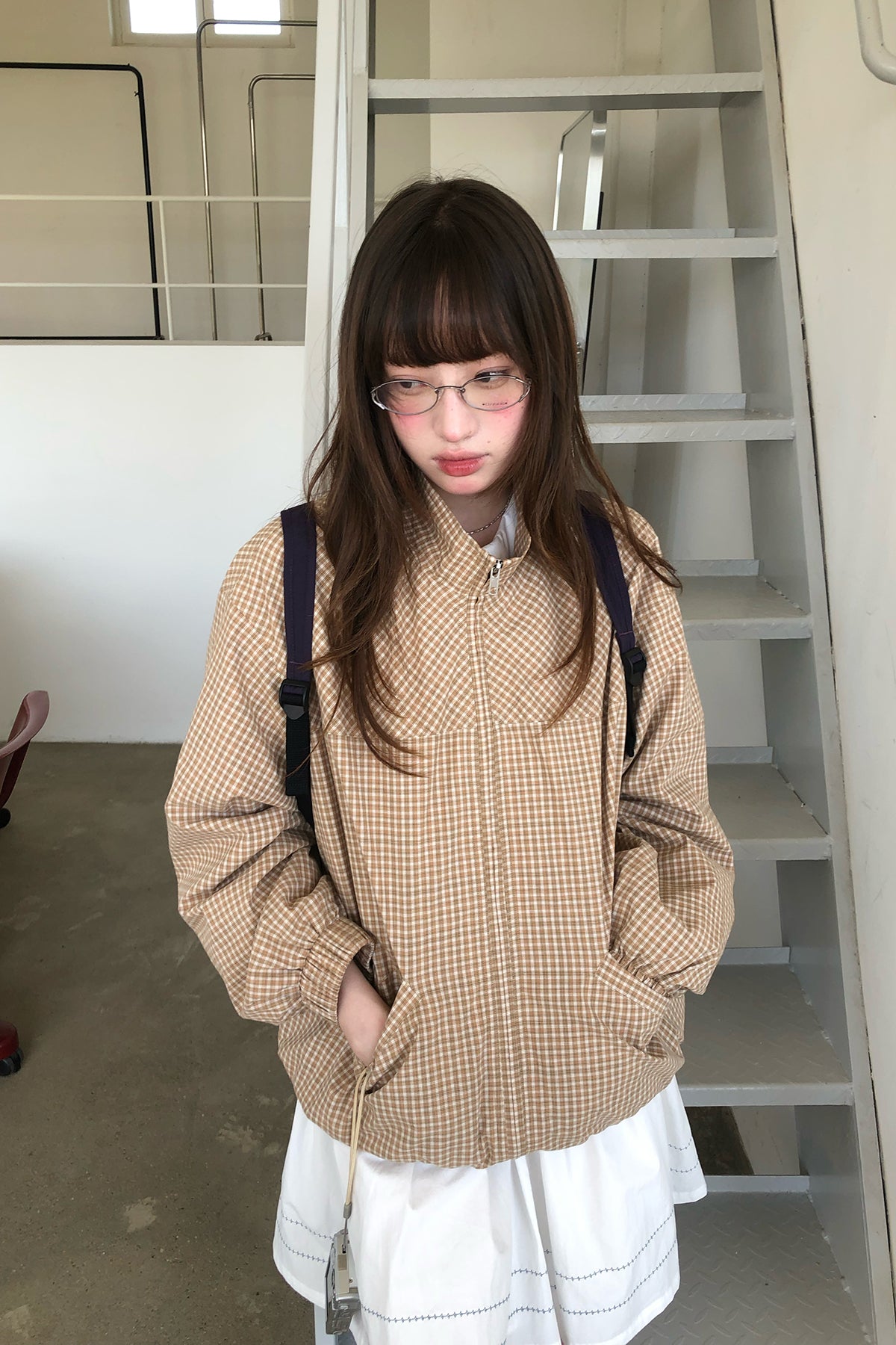 RAINY韓系分割チェックジッパースタンドカラーコート26FD13912J