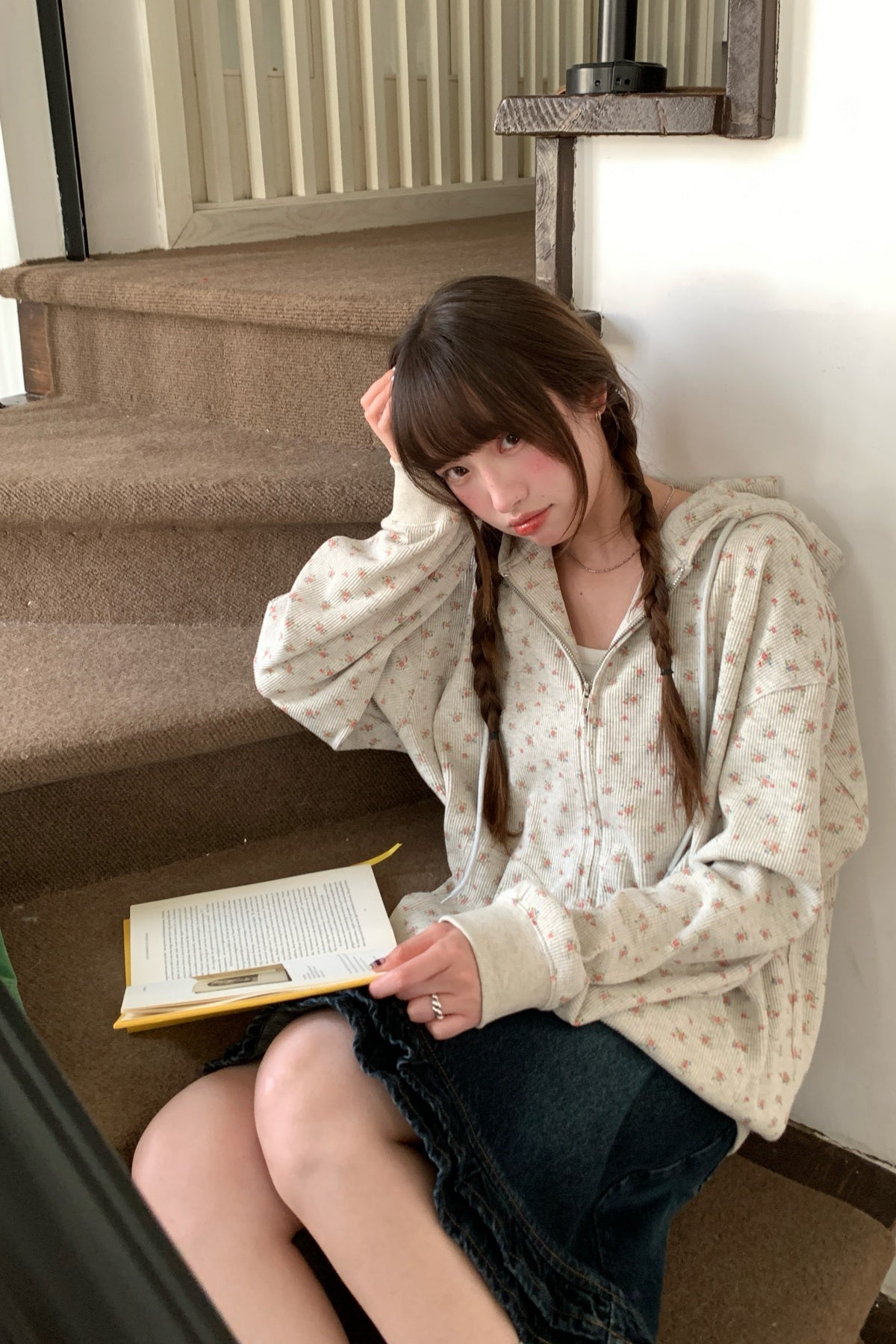 RAINYレトロ花柄連帽ワッフルコートカジュアルパーカー 26FA63918J