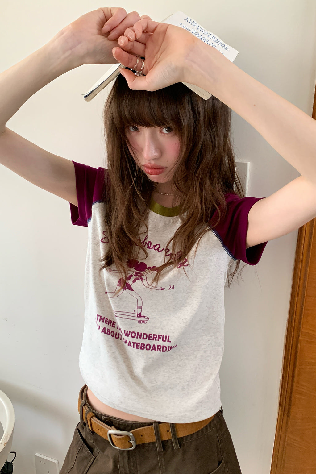 RAINYプリントクラッシュカラーパッチワークラグランスリーブTシャツ26SA23765Y