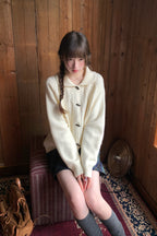 RAINY ゆったりルーズフィット牛角ボタンニットカーディガン ドールカラー透かし編みセーター 26WG23995X