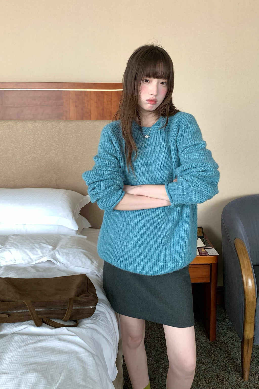 RAINY ゆったりリラックス透かし編みラグランスリーブニット ルーズフィットニットトップス 26WG13966Q