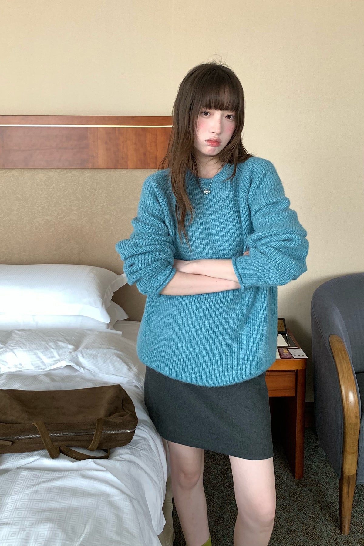 RAINY ゆったりリラックス透かし編みラグランスリーブニット ルーズフィットニットトップス 26WG13966Q
