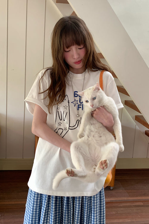 RAINY 韓国風カワイイキュートな猫柄ラウンドネックTシャツ26SA23793X