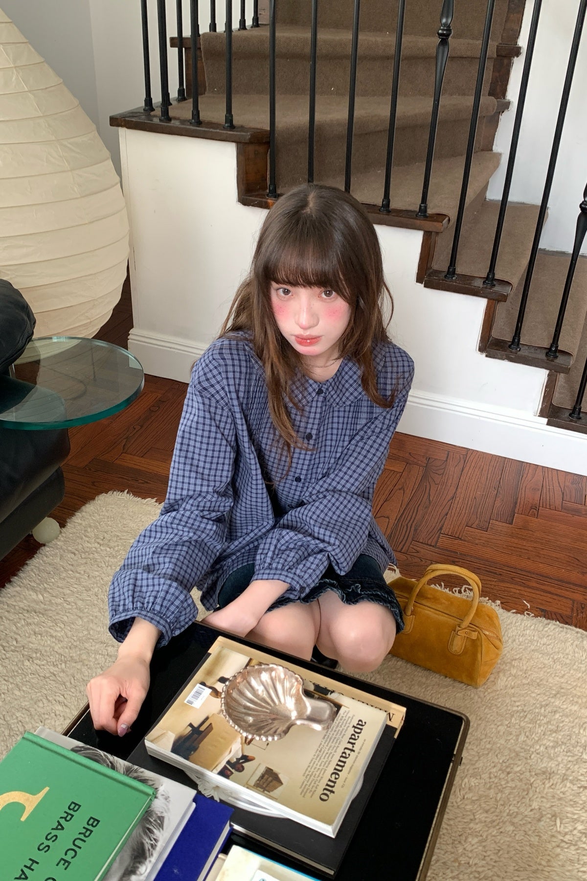 RAINY文芸古着感チェック柄ドールネックシャツ 26FA43931Q
