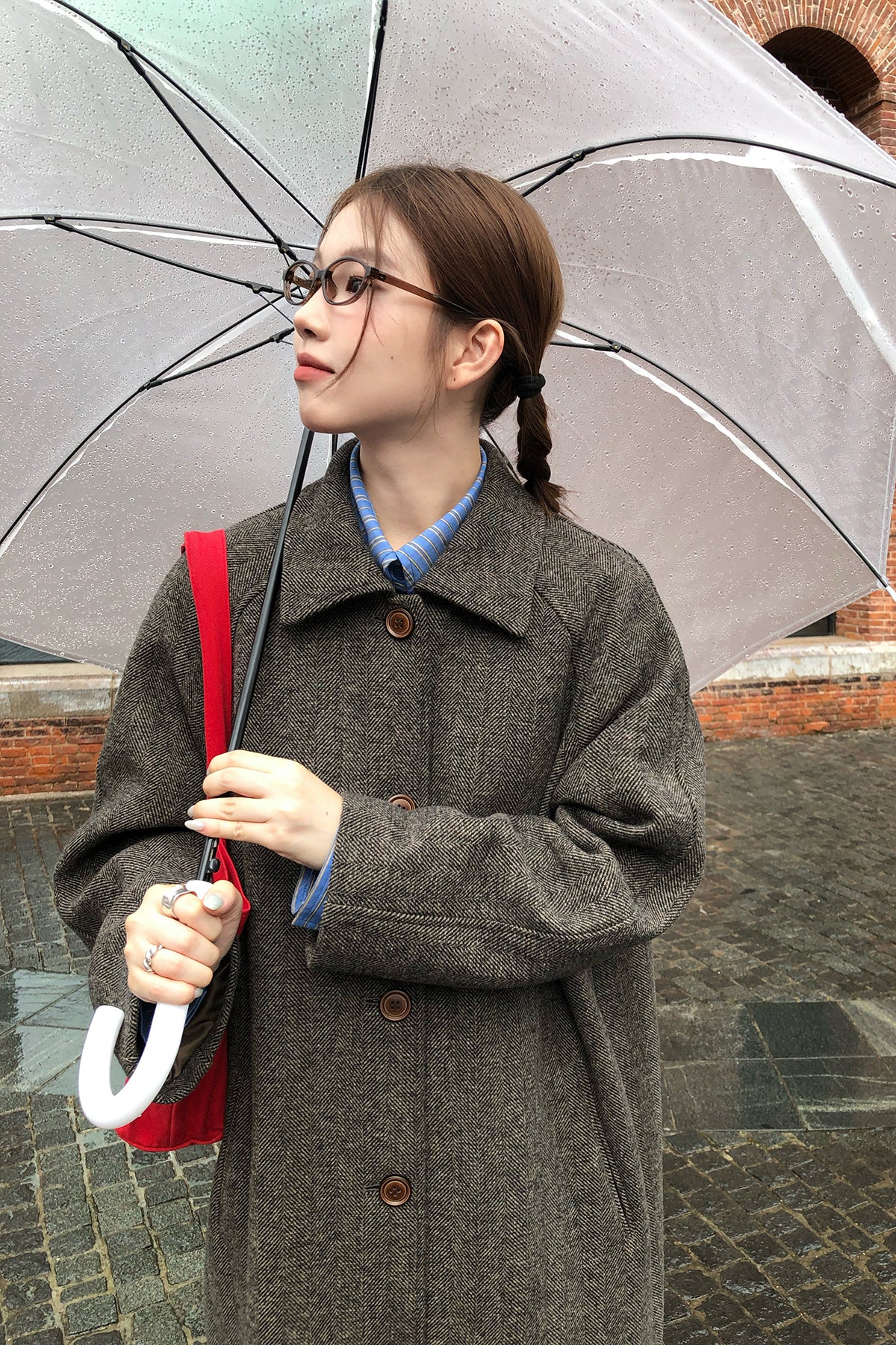 RAINY 定番ストライプ合わせやすいシャツ 切り替えフリップカラー配色シャツ 26WA43949X