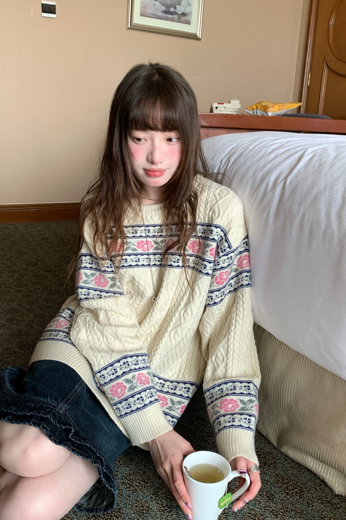 RAINYレトロな田園花の立体ジャカードセーターラウンドネックニット 26FG13962J