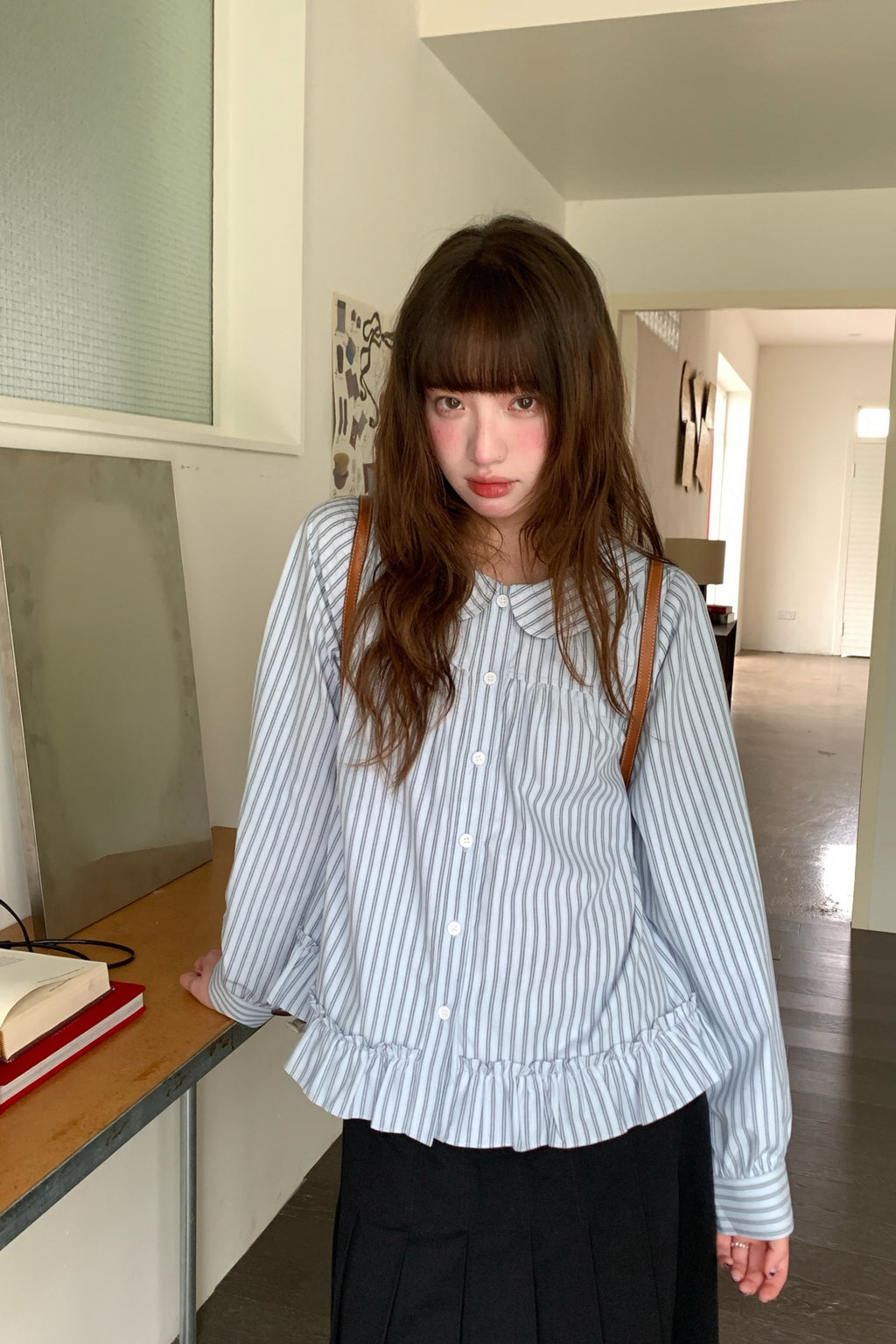 RAINYキュート風スウィートドールネック減齢ストライプシャツ 26FA43932S