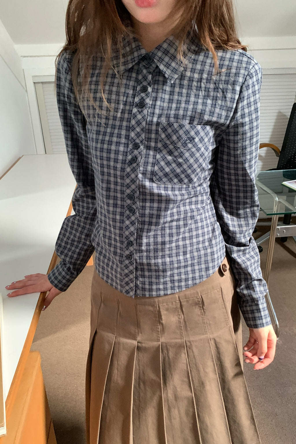 RAINY簡系学院二粒ボタンチェックシャツ春秋女 26FA43917J
