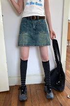 RAINY韓系レトロ仕立て旧デニム半身スカート26SC13666Y