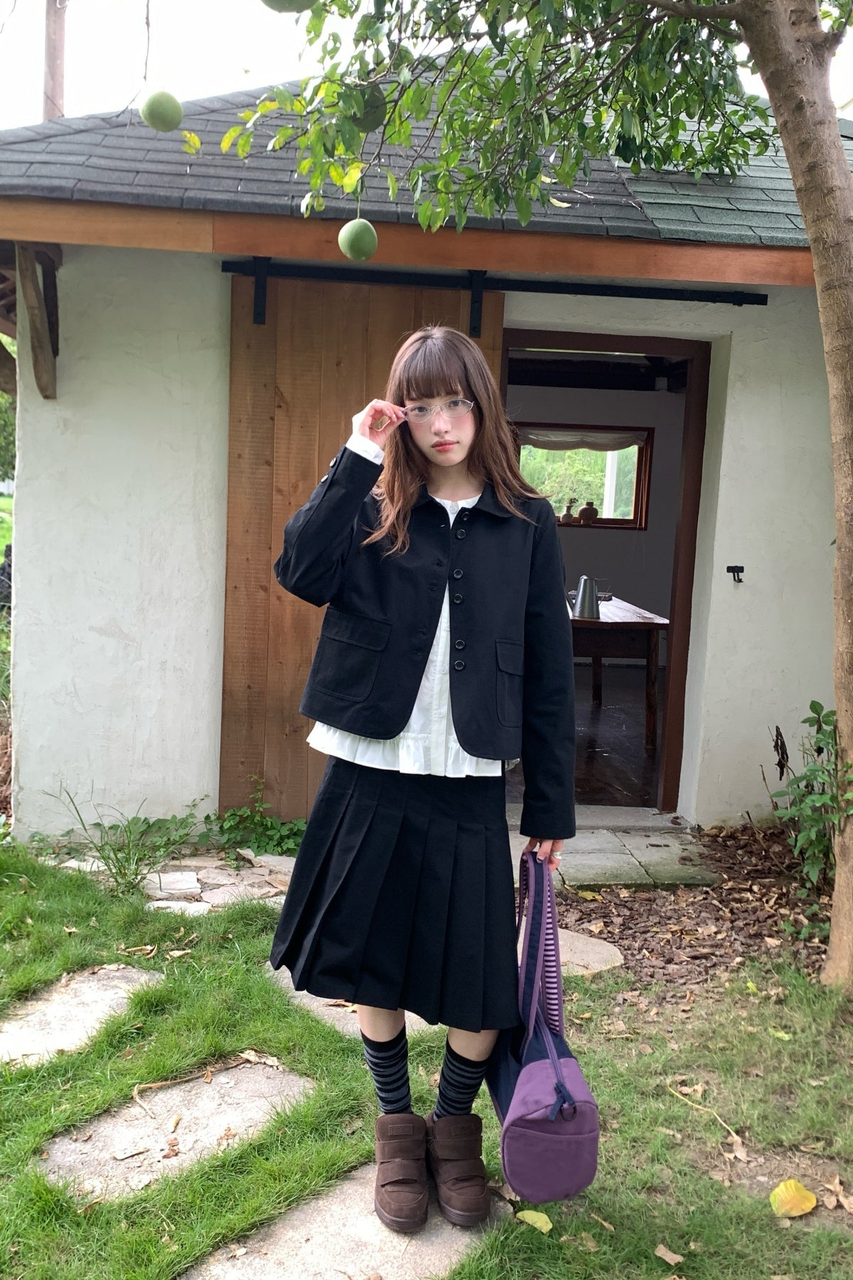 RAINYレトロカレッジ風智感スーツスーツピュアカラープリーツスカート2点セット 26FH63953Q
