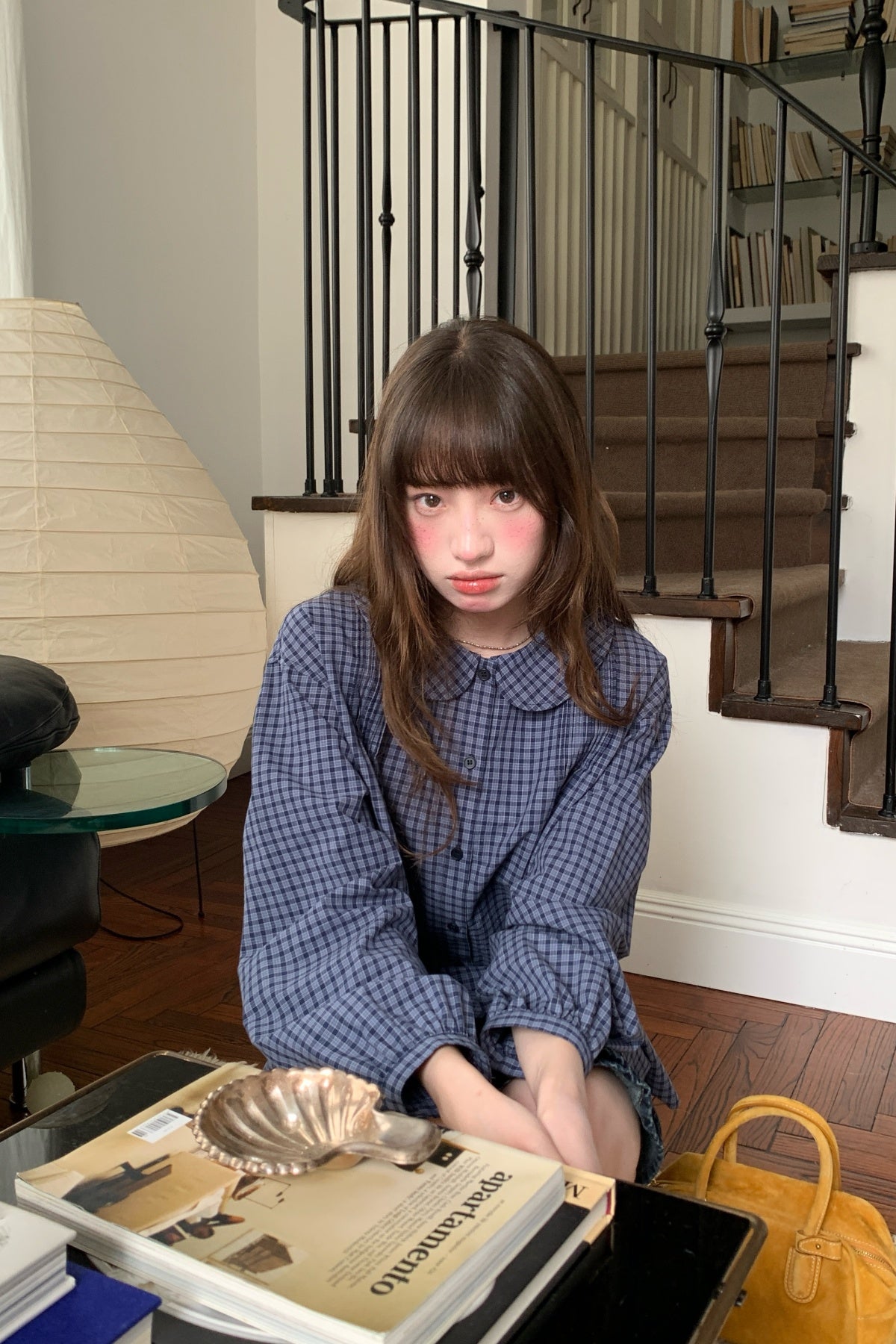 RAINY文芸古着感チェック柄ドールネックシャツ 26FA43931Q
