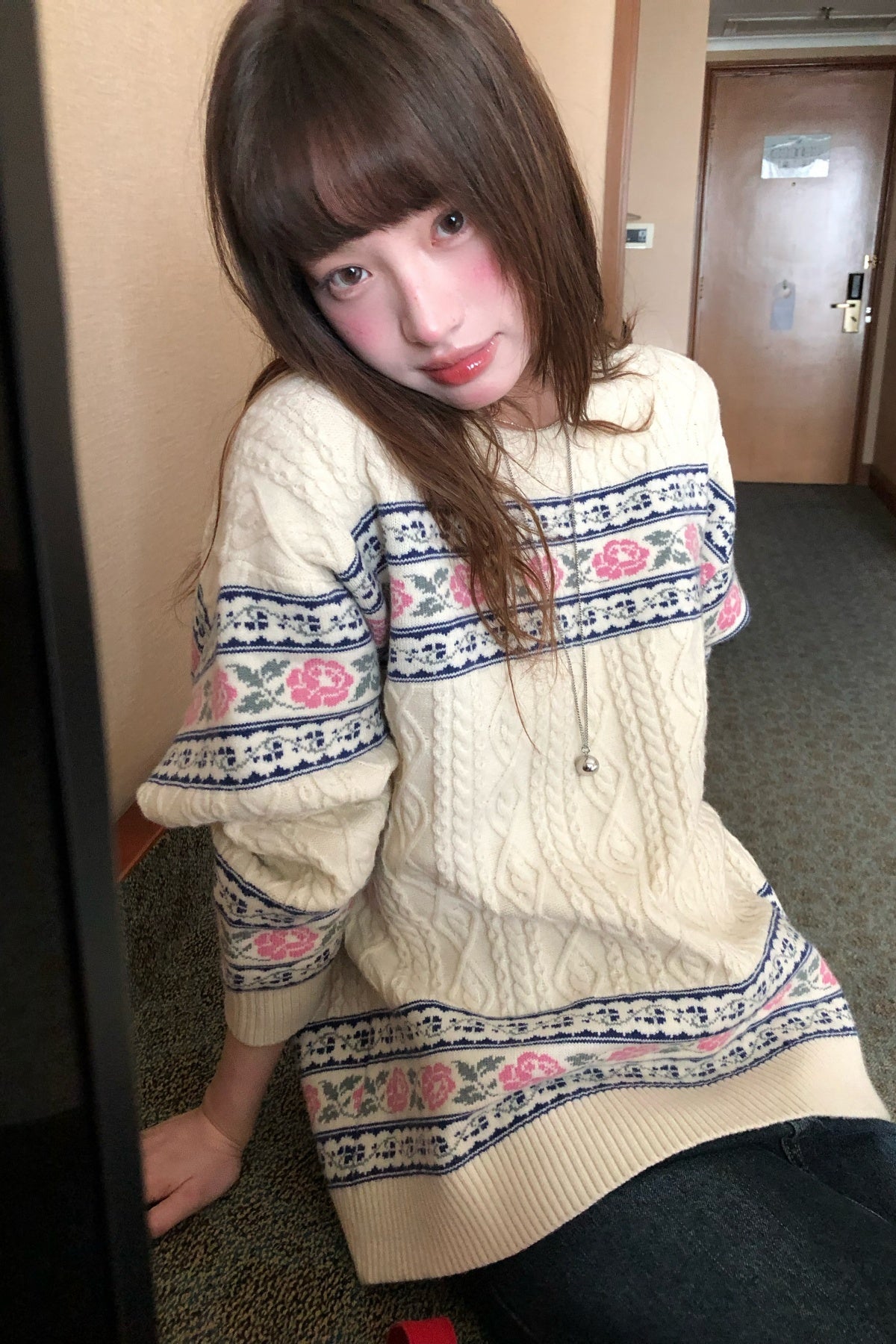 RAINYレトロな田園花の立体ジャカードセーターラウンドネックニット 26FG13962J