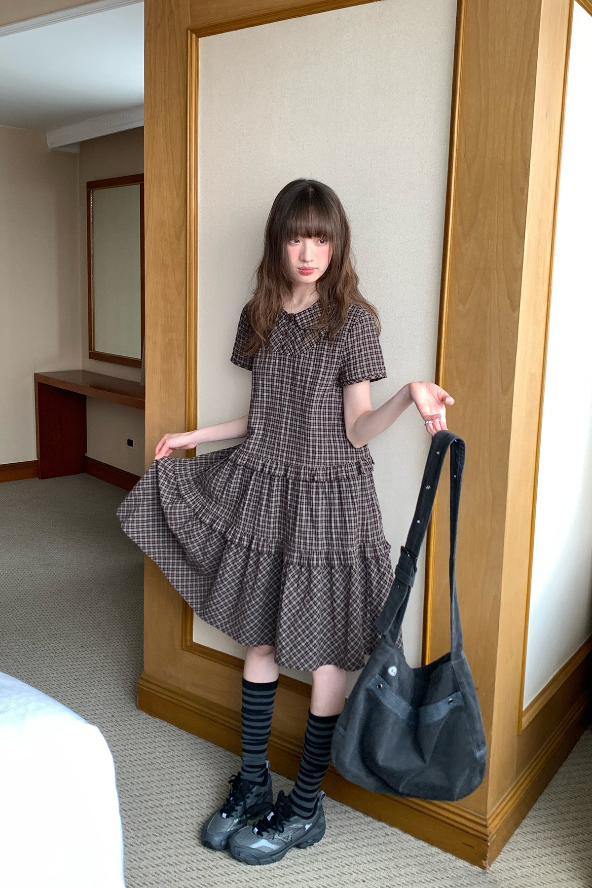 RAINY韓系ゆったりドールネックチェックワンピース26SC23688J