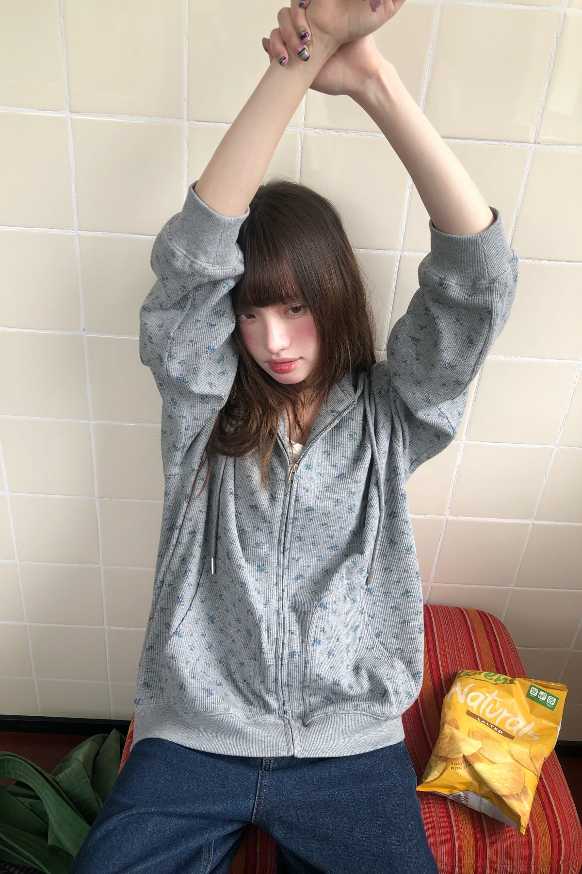RAINYレトロ花柄連帽ワッフルコートカジュアルパーカー 26FA63918J