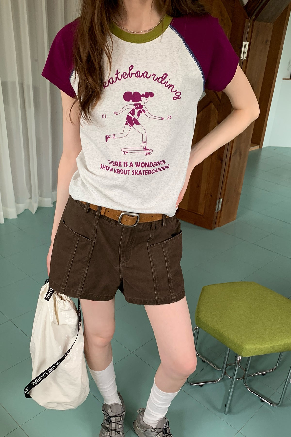 RAINYプリントクラッシュカラーパッチワークラグランスリーブTシャツ26SA23765Y