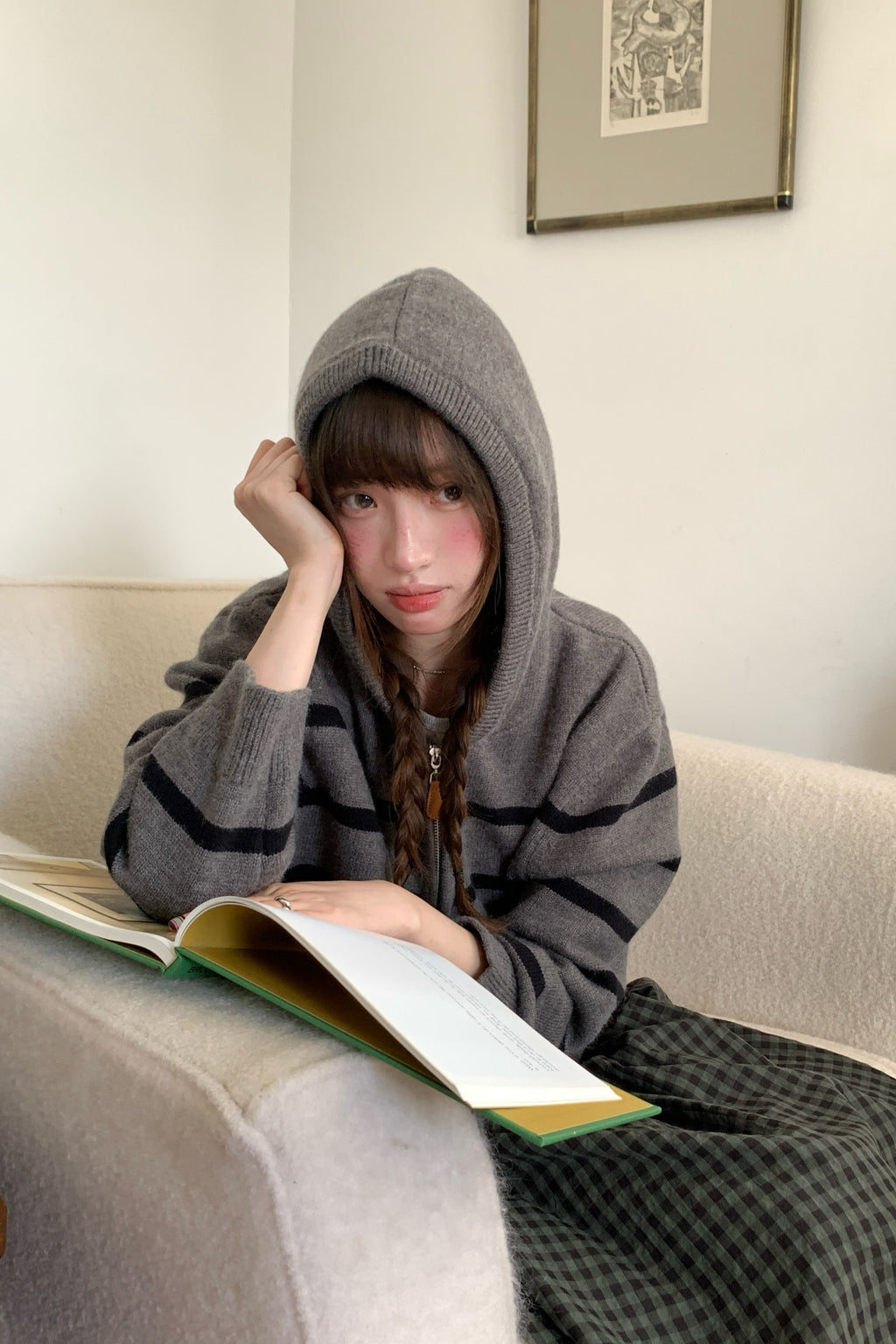 RAINY韓系アンティークボーダー連帽カーディガンレトロファーニット 26FG23943Q