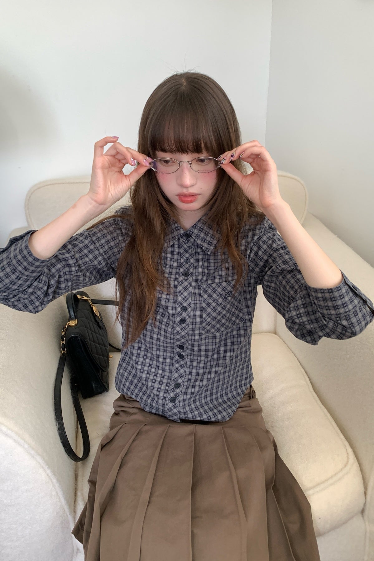 RAINY簡系学院二粒ボタンチェックシャツ春秋女 26FA43917J