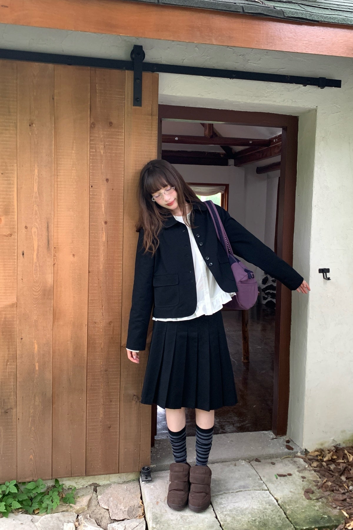RAINYレトロカレッジ風智感スーツスーツピュアカラープリーツスカート2点セット 26FH63953Q