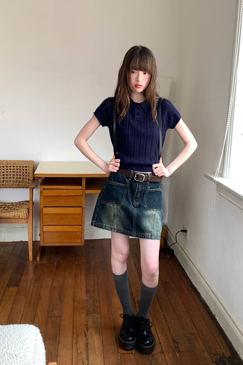 RAINY韓系レトロ仕立て旧デニム半身スカート26SC13666Y