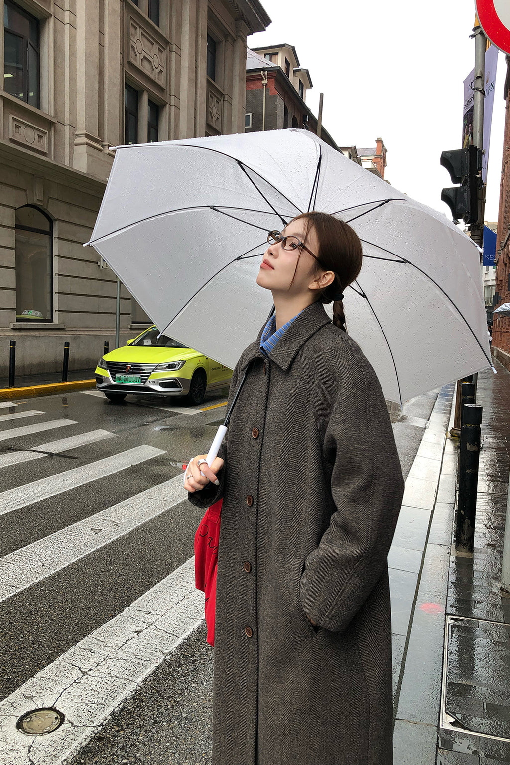 RAINY 韓国風ヘリンボーン柄ラグランスリーブウールコート ゆったりシルエットウール混コート 26WD23990J