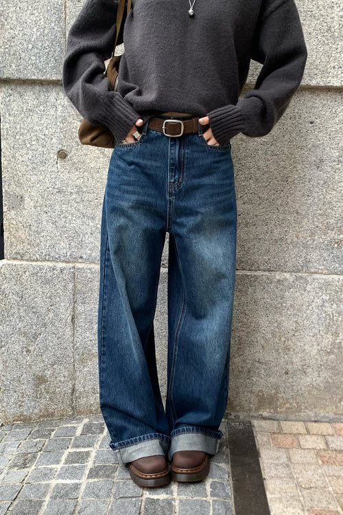 RAINY シンプルで着回しやすいロールアップ裾ステッチ入りワイドデニムパンツ 26WB23998X