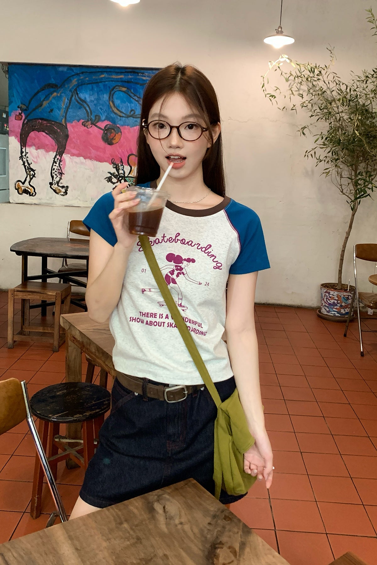 RAINYプリントクラッシュカラーパッチワークラグランスリーブTシャツ26SA23765Y
